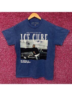 Ice Cube West Coast Good Day Portrait Acid Wash Blue Graphic T-Shirt Medium